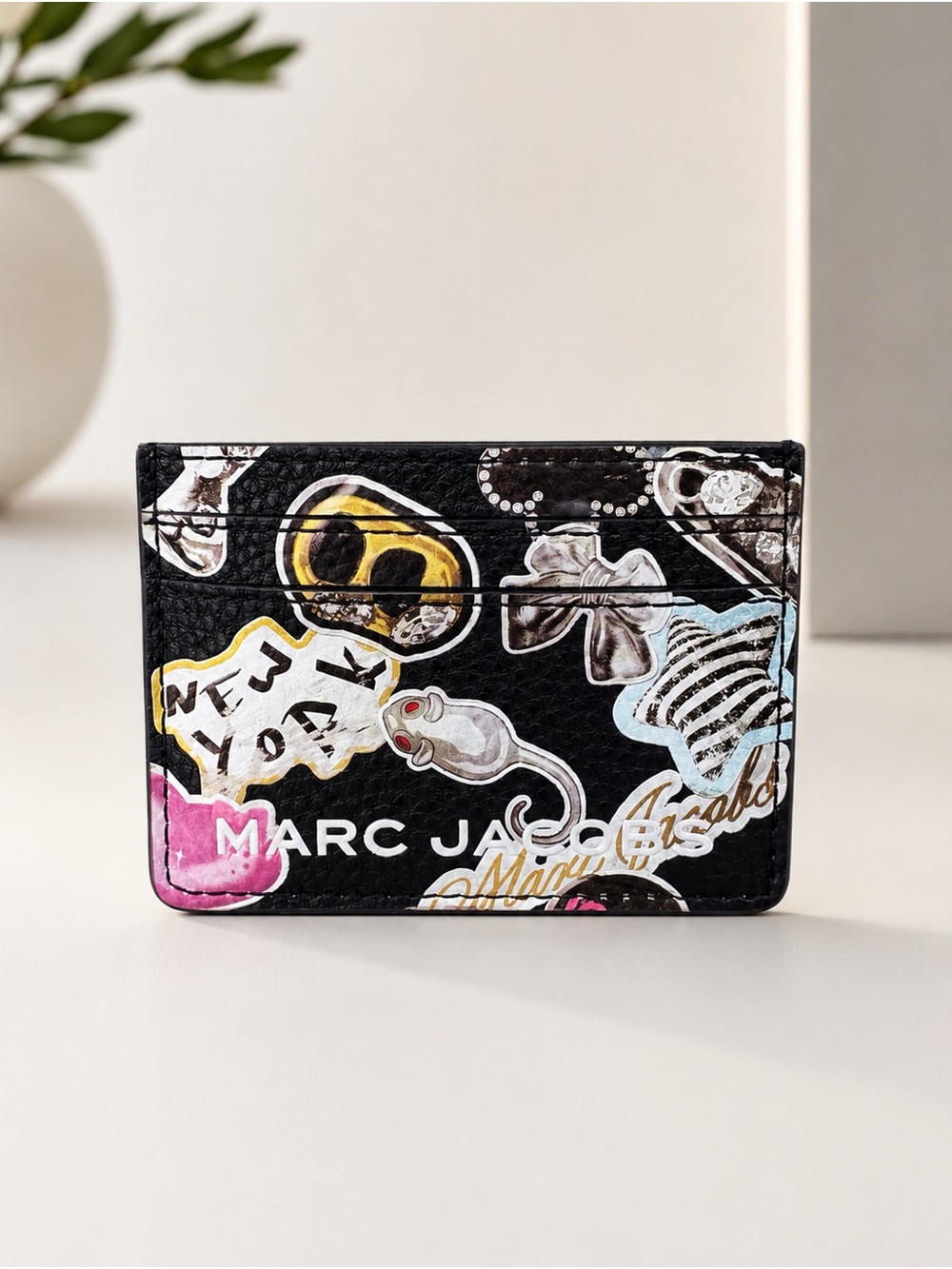 Marc Jacobs Black Leather Sticker-Print Card Holder with Multicolor Accents